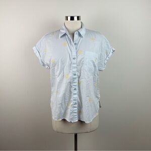 Lucky Brand Light Blue Yellow Sun Embroidered Button Down Short Sleeve Shirt Top